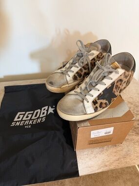 Golden Goose Leopard Pony Hair Sneakers in Tan, Black & White